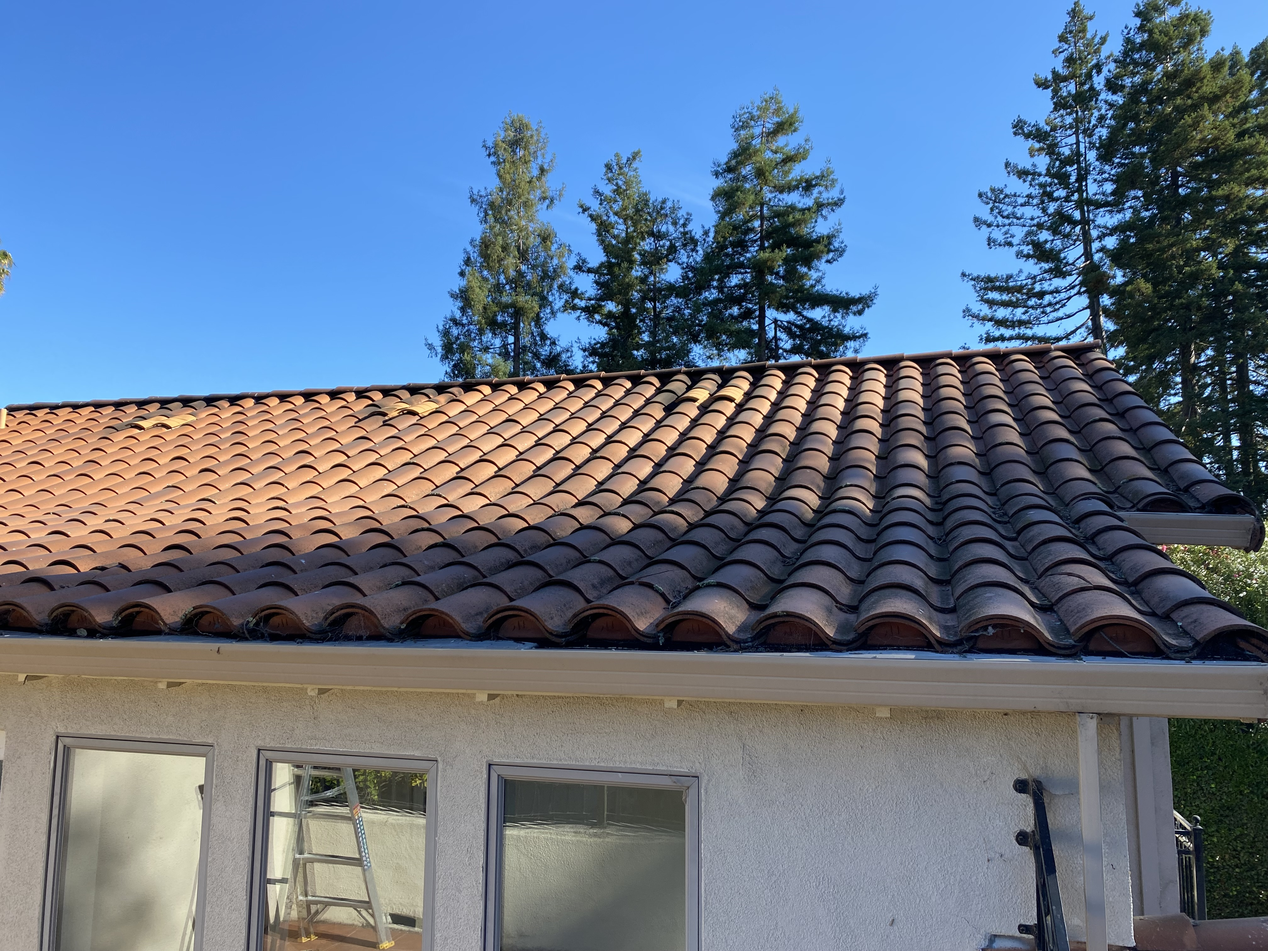 Before — Atherton Spanish terracotta tile roof with moss and lichen before soft wash