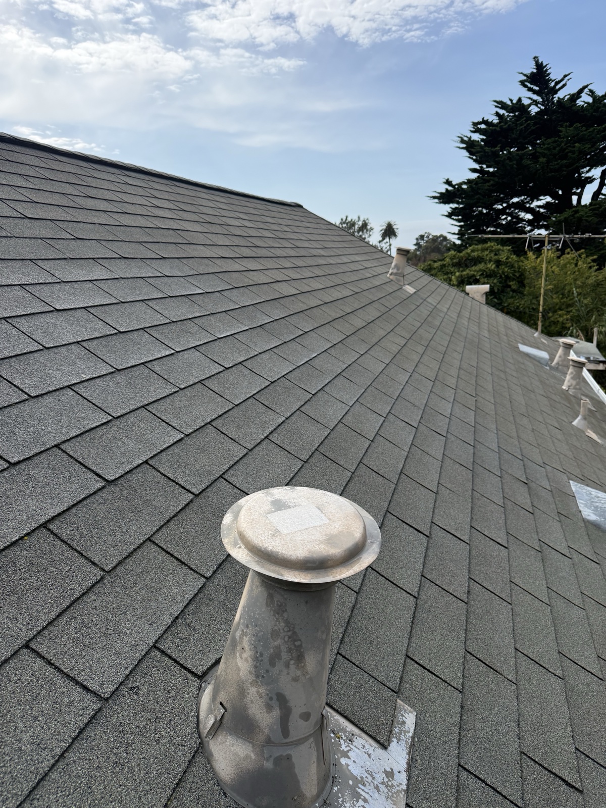 After — long clean slope of a Berkeley composition shingle roof under blue sky, algae staining gone
