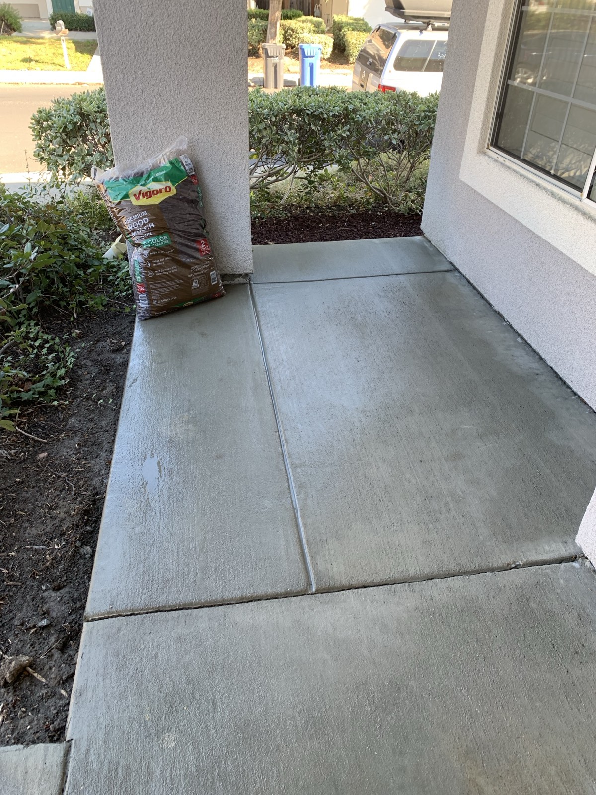 After — Fremont front porch concrete cleaned to a uniform finish, still drying