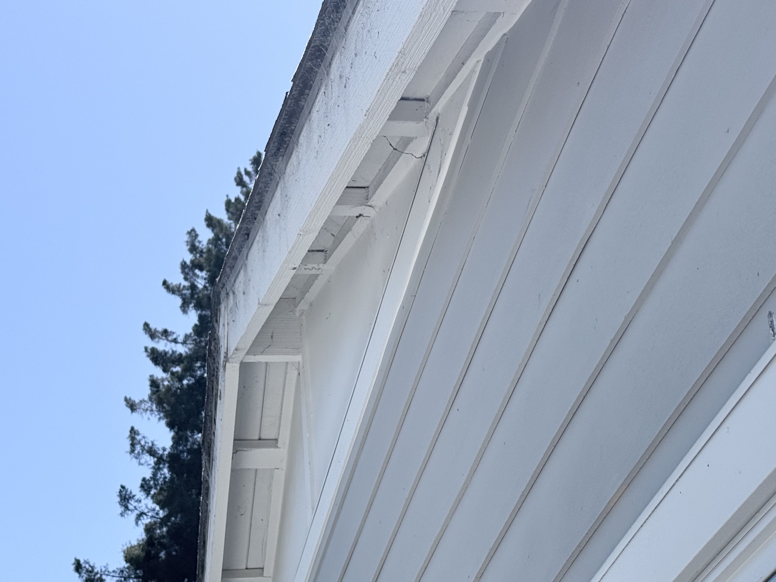 Before — cobwebs and debris packed into the open eaves and rafter tails of a Menlo Park home