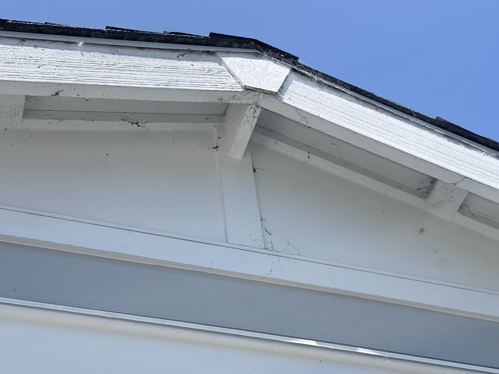 Before — heavy cobwebs hanging from the gable eaves and rafter tails of a Menlo Park home