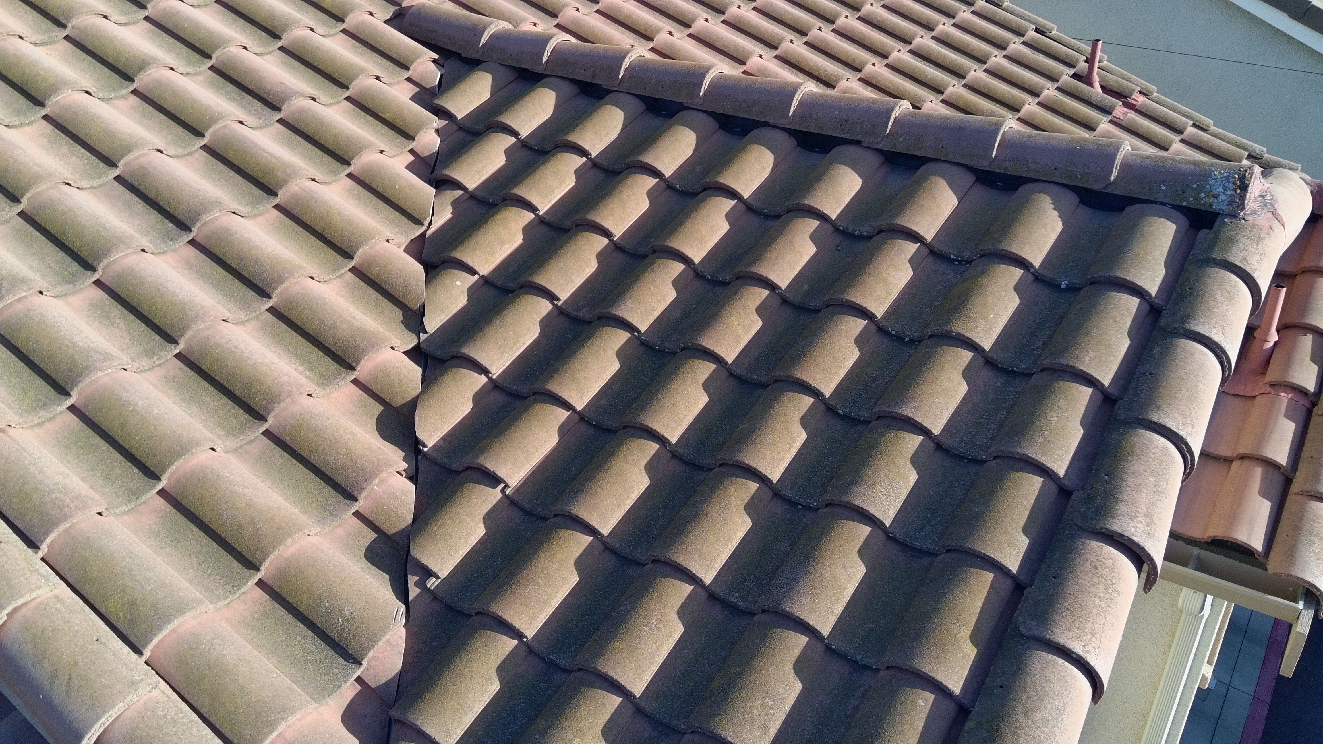 Before — Milpitas S-tile roof algae streaking close-up