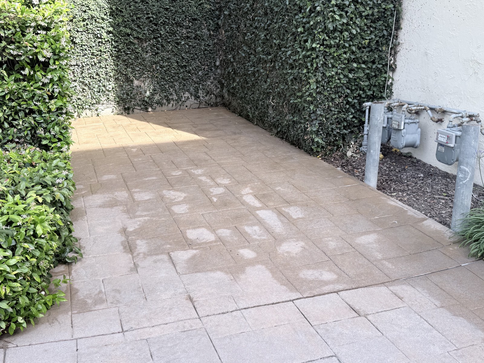 After — stamped concrete pad by the community gas meters cleaned to an even tan finish
