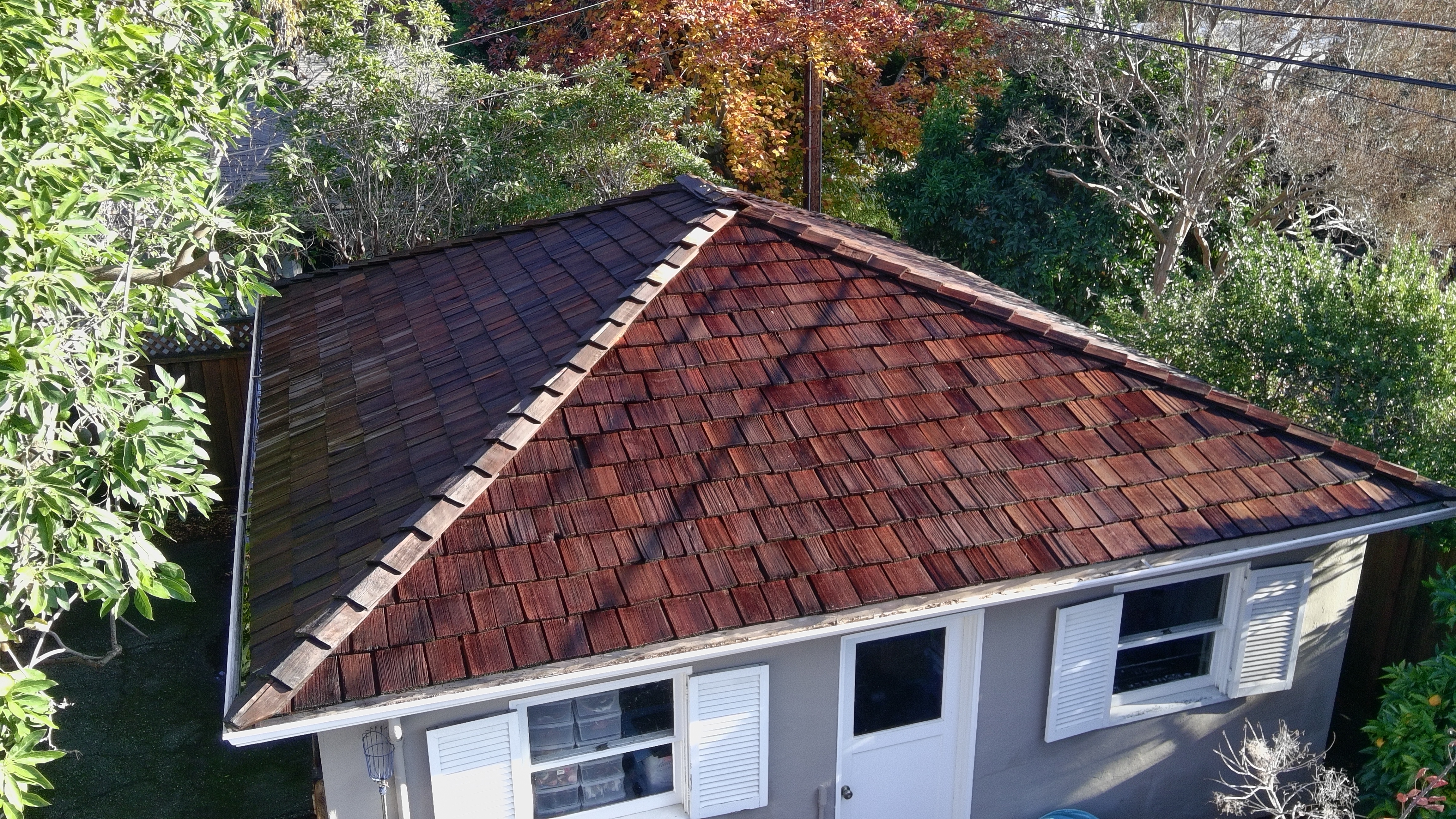 After — Palo Alto garage cedar shake roof clean after soft wash