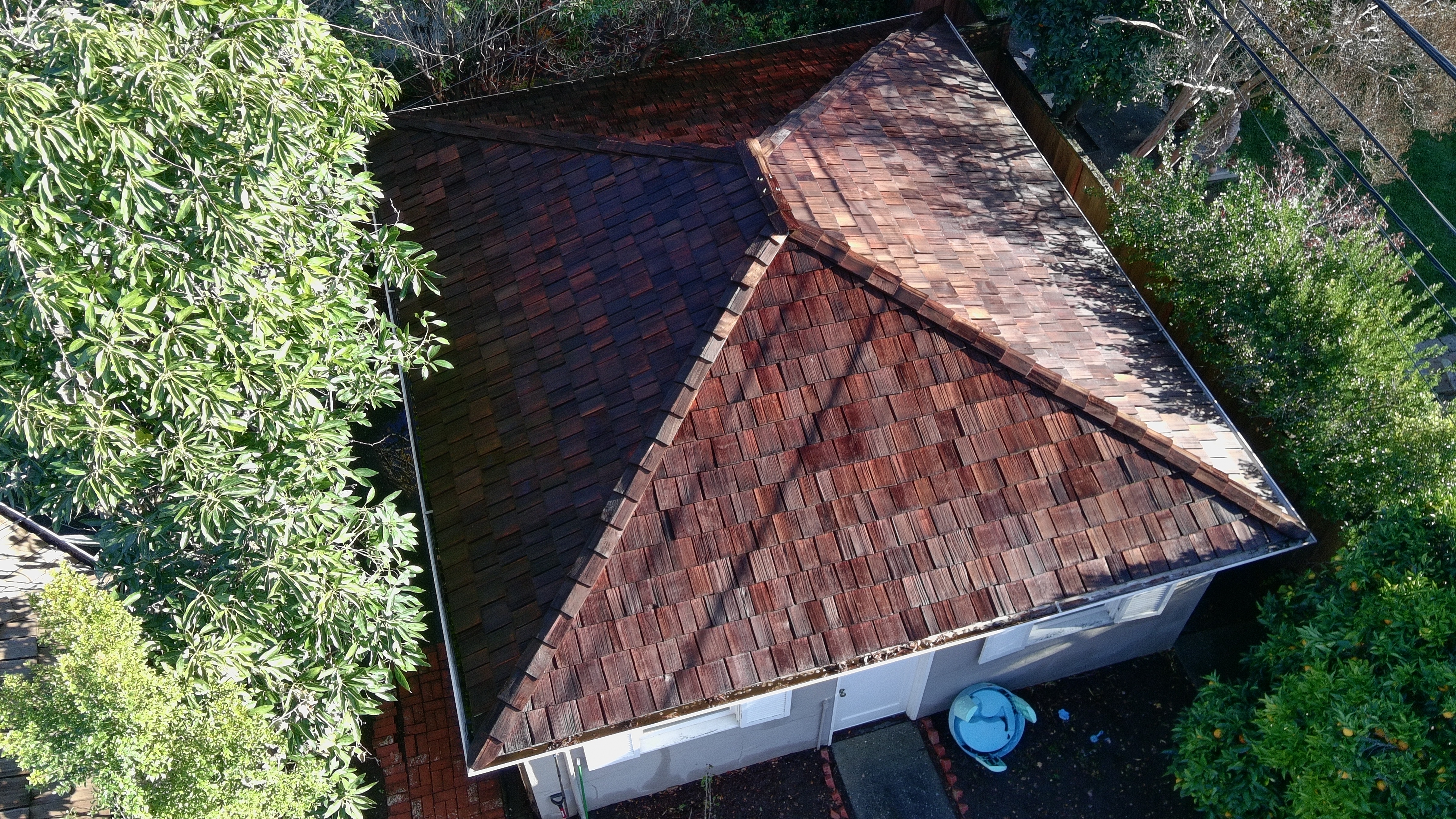 After — Palo Alto garage wood shake cleaned, moss removed