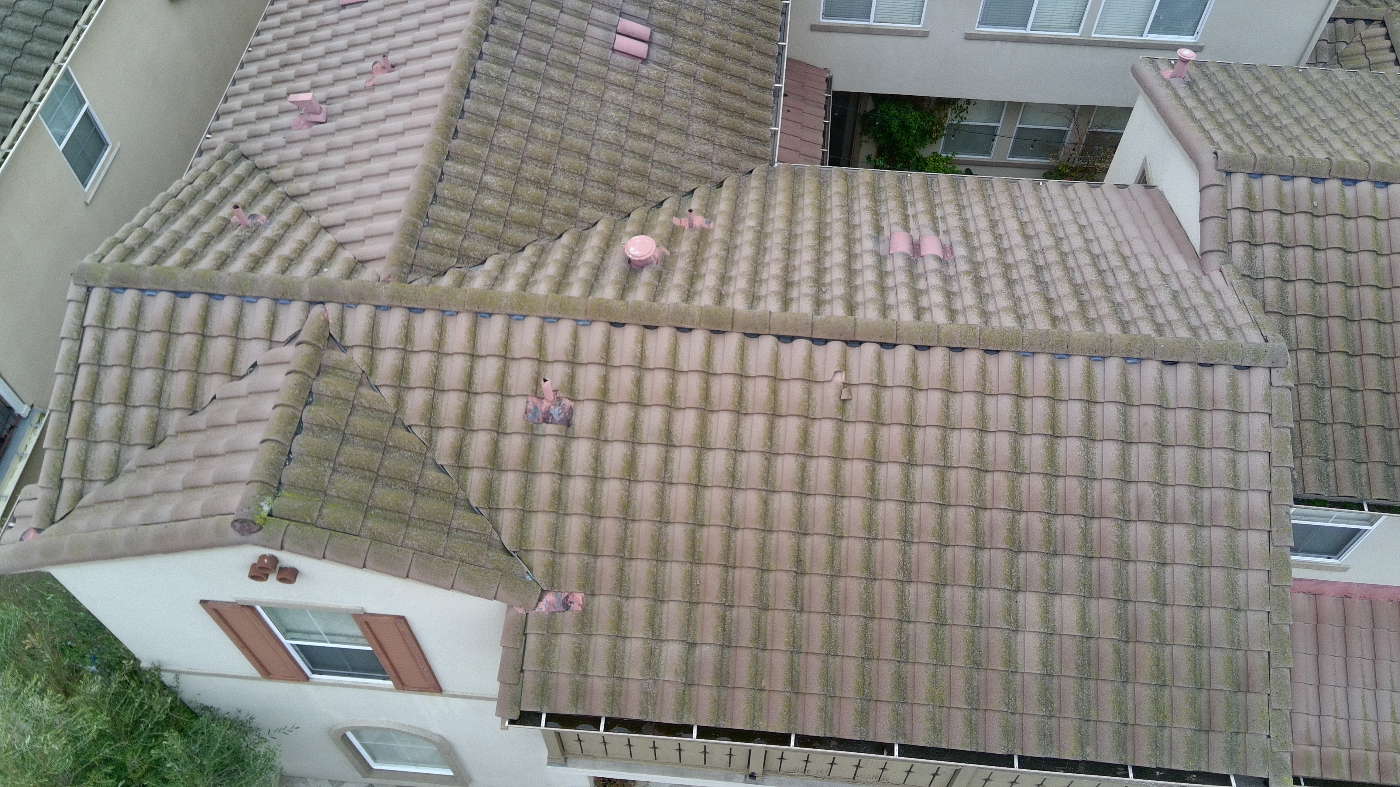 Before — San Jose S-tile roof moss and lichen close-up