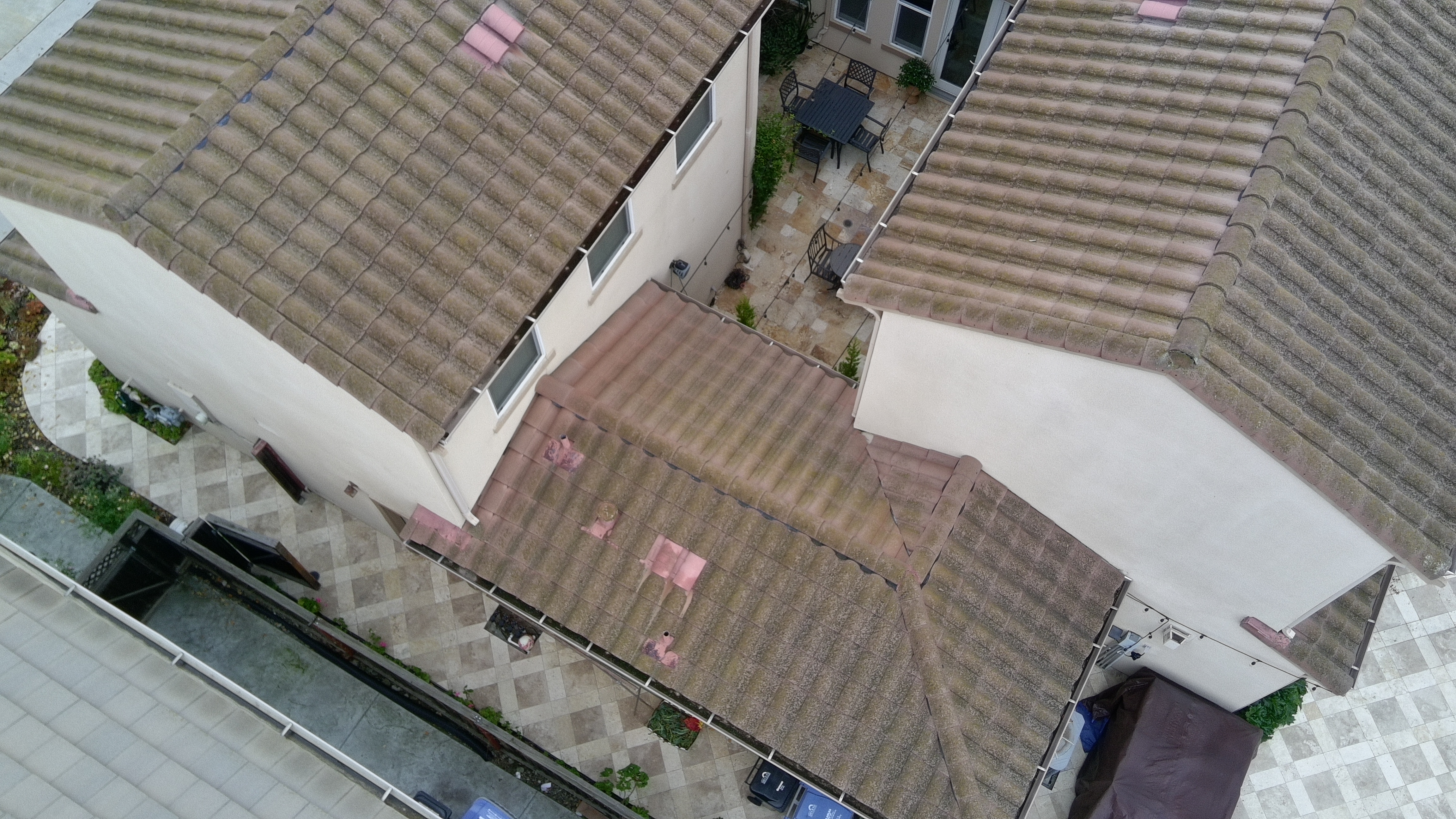 Before — Wide view of San Jose concrete S-tile roof with widespread algae