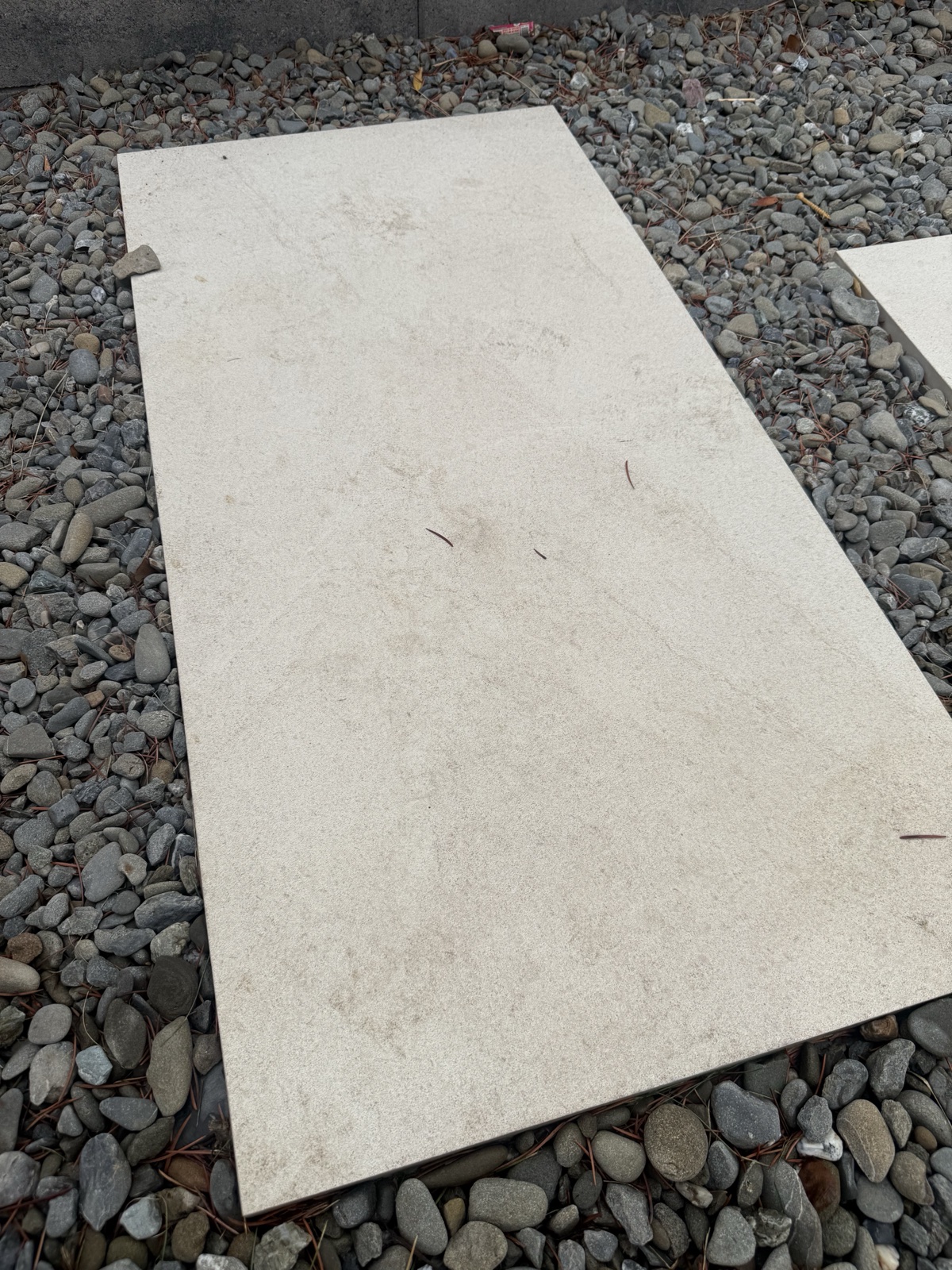 After — close-up of a cleaned porcelain stepping paver in gravel with the sap spotting removed