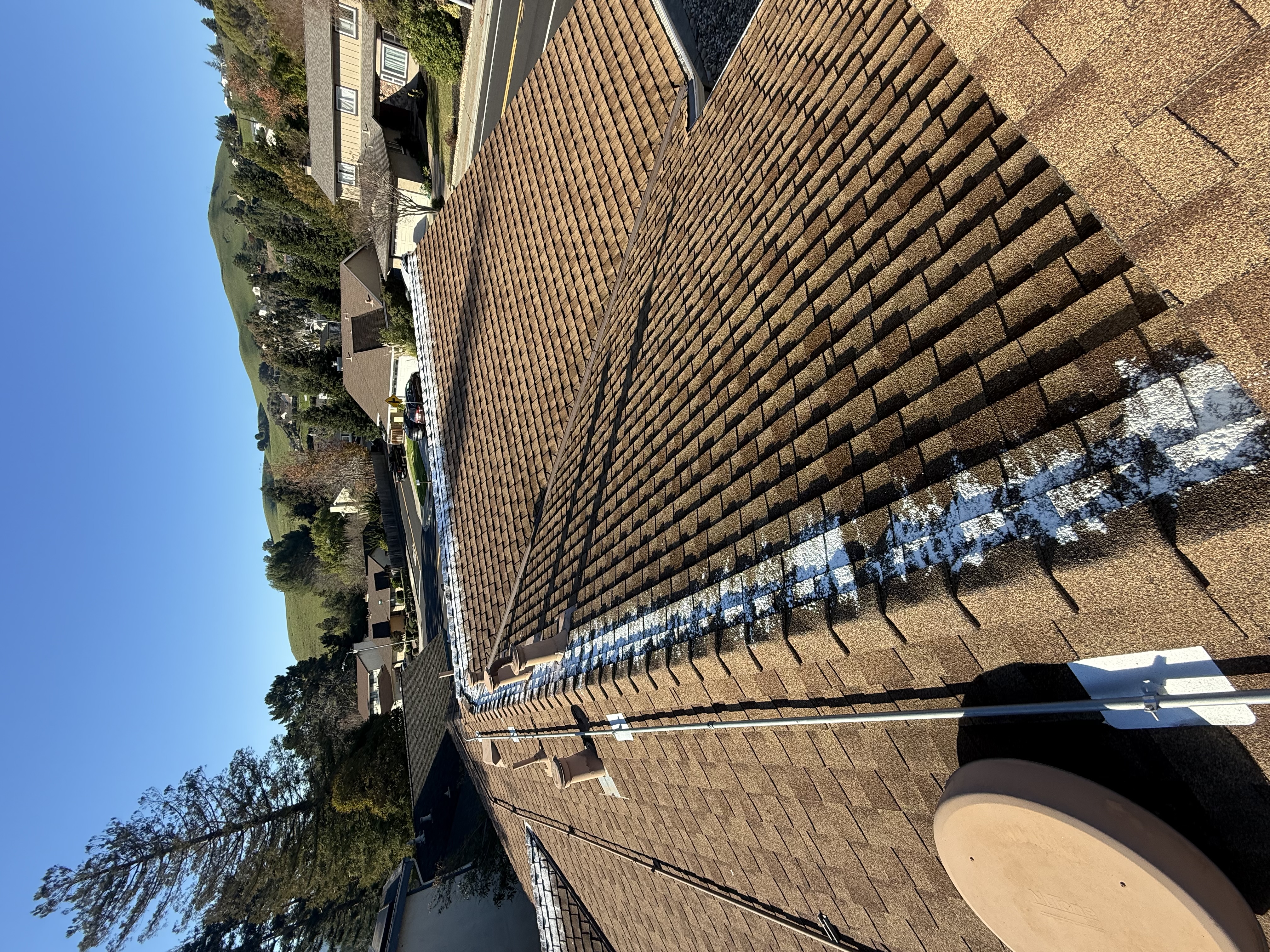 After — San Ramon roof overview after shingle wash and zinc strip installation
